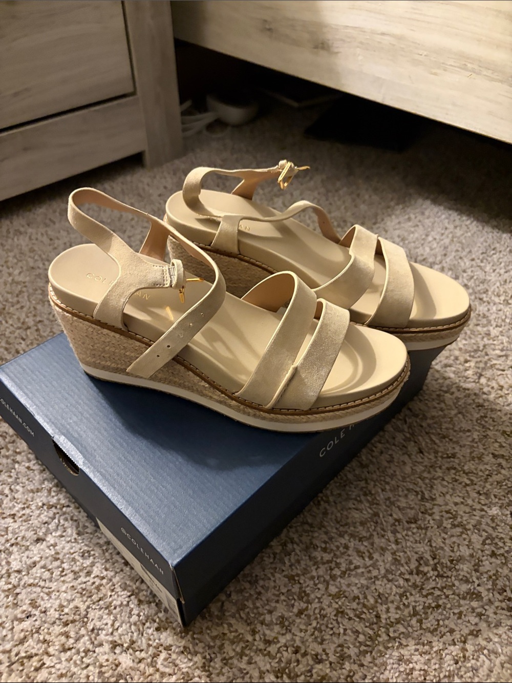 Cole Haan Neutral Beige Wedge Sandals with Espadrille Trim